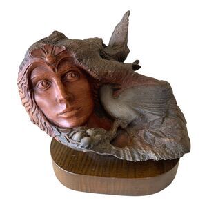 Vintage "Featherview" Rick Cain Resin Sculpture Solid Wood Base Limited Edition